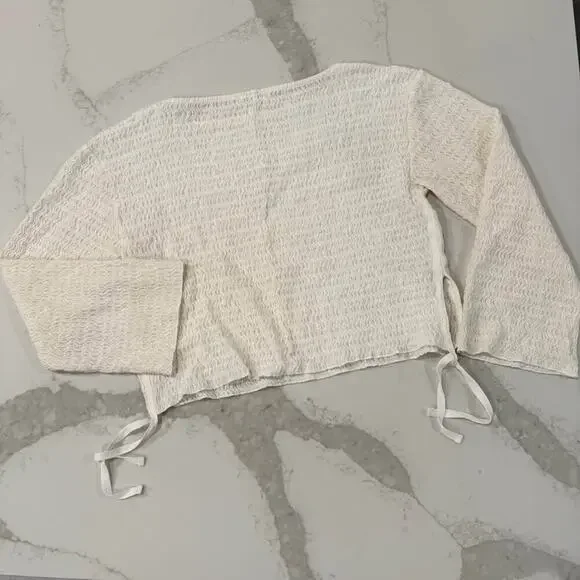 Zara Textured Long Sleeve Boatneck Tie Top Blouse Women's Small White Minimalist - Picture 7 of 7